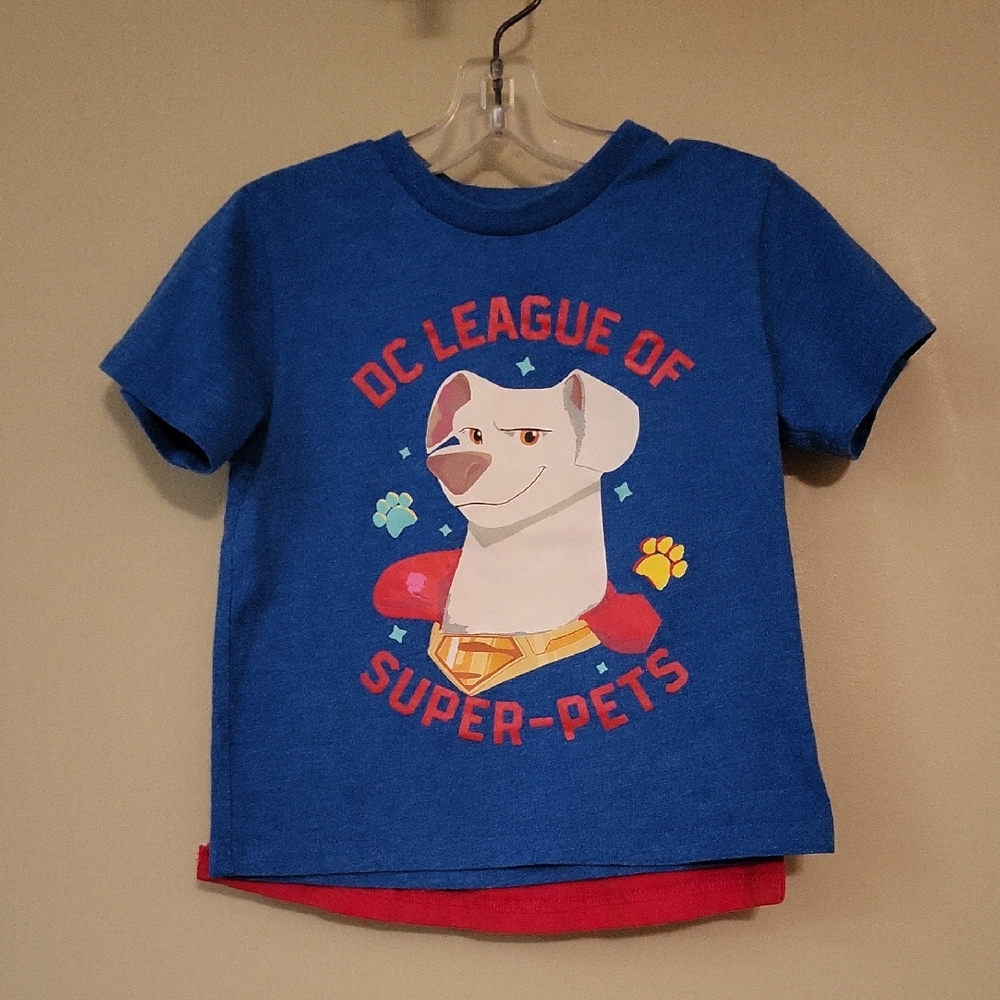 Blue DC League of Super-Pets tee shirt with velcro attached cape